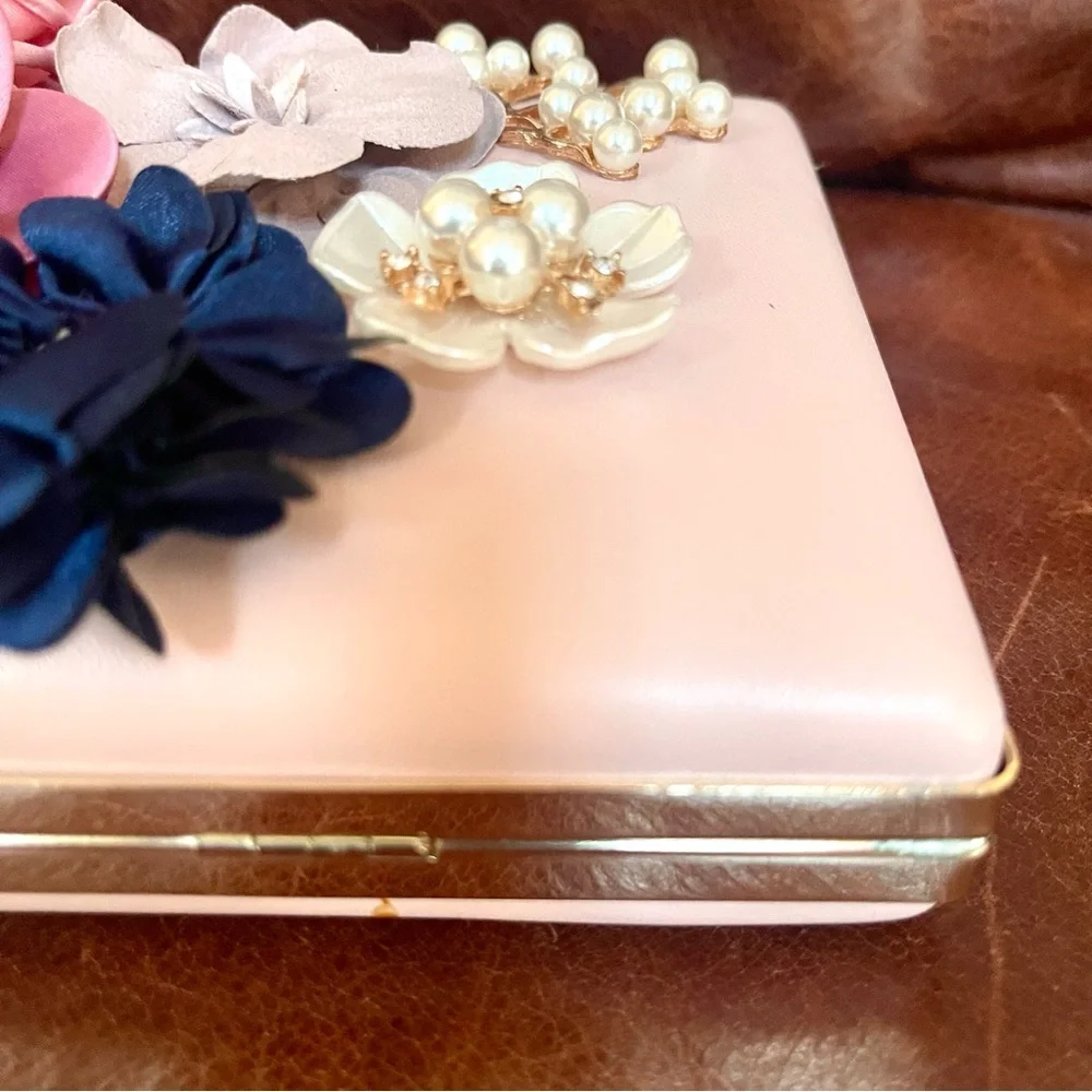 Elegant Floral & Pearl & Crystal Embellished Evening Clutch & Crossbody Bag